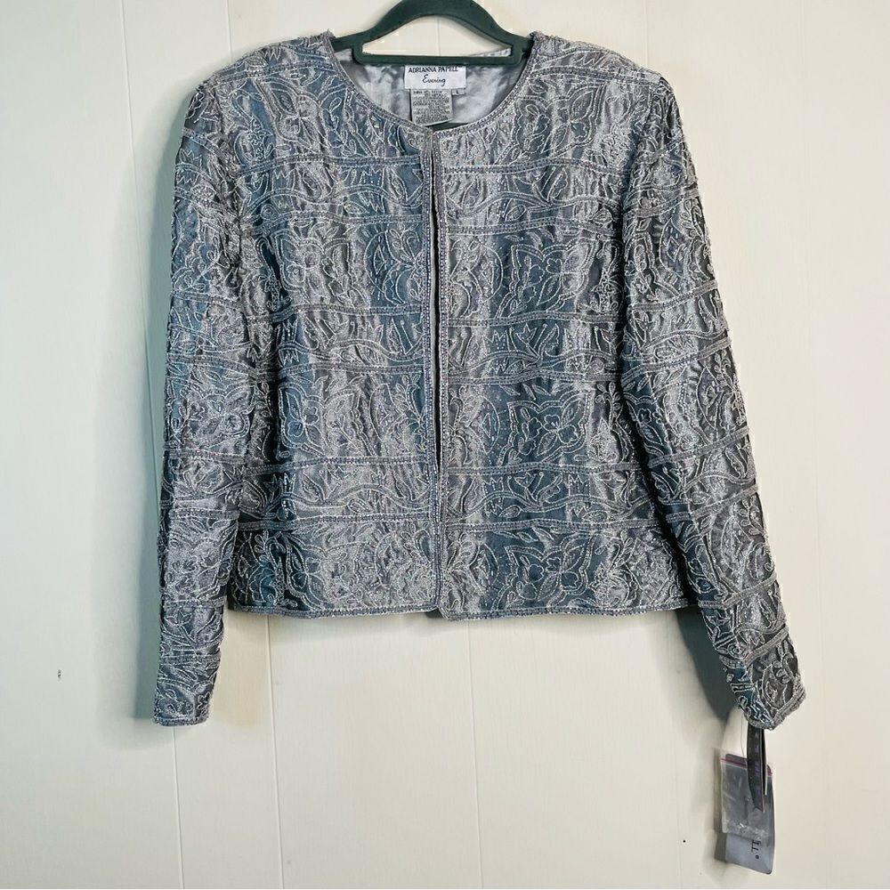 NWT - Adrianna Papell Silver Beaded Floral Blazer Jacket